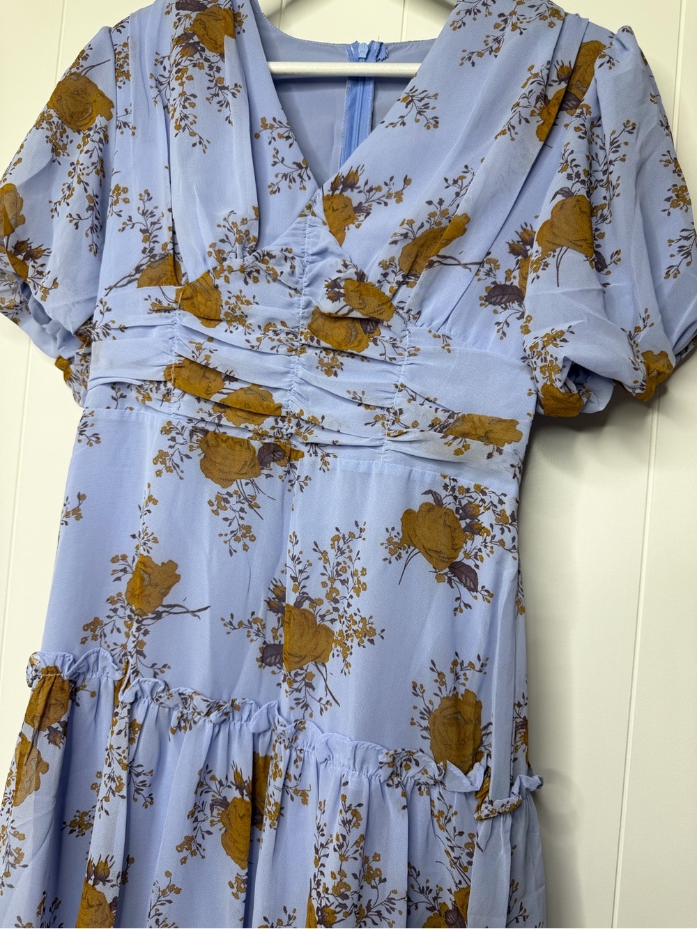 Light Blue Floral V-Neck Tiered Midi Dress